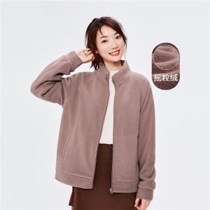 Giordano Fleece Jacket Womens Casual Zipper Collar Outdoor Warmth Short Outerwear Polyester Fabric Long Sleeve Standard Fit