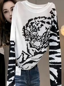 Elegant Tiger Print Long Sleeve T-Shirt Womens Base Layer Top Fashionable Design Korean Style Commute Polyester Fiber Quick Dry