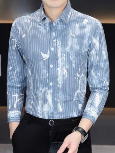 HENGYUANXIANG | Spring Summer Mens Long Sleeve Shirt Casual Tie Dye Striped Fashionable No Ironing Easy Care Standard Fit Button Down Shirt