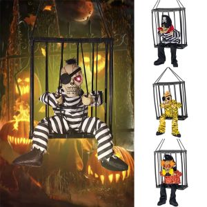 Halloween Decoration Prisoner Ghost In Cage Scary Skull Prop Electric Skeleton Toy Glowing Eye Sound Doll Hangable Talking Ghost