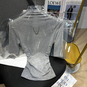 Slim Fit Half Sleeve T-Shirt Womens Summer Design Sense Pleated Base Shirt Trendy Half High Collar Short Sleeve Top