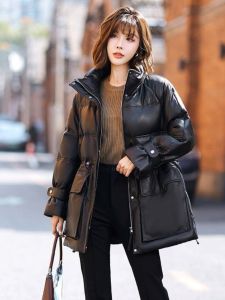 Tagkita Womens Real Sheepskin down Jacket Loose Fit Stand Collar Long Sleeve Zipper Coat Winter Fashion Outerwear