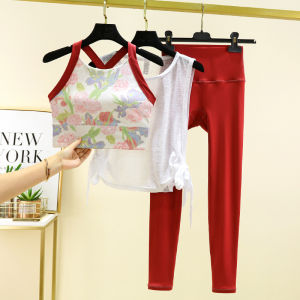 Stunning Print Yoga Fitness Outfit Set Womens Summer Thin New High-End Small Size Three-piece Gym Wear Nylon Spandex Suit