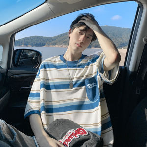 American Stripe T-Shirt Short Sleeve Men Summer Retro Sea Soul Shirt Color Block Heavy Loose Casual Half Sleeve INS Polyester Cotton Blend