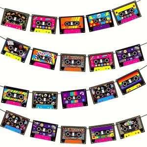 Vintage Cassette Tape Cutout Bunting Bright Color Retro Tape Banner for 80s 90s Hip Hop Music Party Decoration