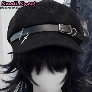 Harajuku Gothic Women Y2k Girl Grunge Punk Rivet Leather Button Beret Hats Chic Streetwear Goth Lolita Cross Star Rock Caps
