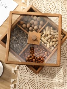 Teak 4-grid transparent cover storage box Dried fruit candy box Household sorting storage box Coffee table tabletop organization Tea bag storage box