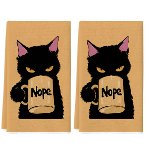 2-Pack Black Cat "Nope" Pattern Household Simple Cleaning Cloths Scouring Pads Dish Towels Tea Towels and Placemats Used for Washing and Drying Household Items Soft and Absorbent Drying Cloths Lint-Free Non-Fading and Reusable.