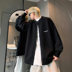 เสื้อคาร์ดิแกนคอวีหลวมๆ สไตล์อเมริกันย้อนยุคสำหรับผู้ชาย เสื้อสเวตเตอร์ถักแฟชั่นฤดูใบไม้ร่วง สีพื้น แขนยาว ปกติ