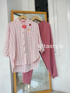 SETELAN CELANA BAHAN CRINKLE AIRFLOW MOTIF KOTAK KOTAK SET CELANA KOMBINASI KOTAK KOTAK