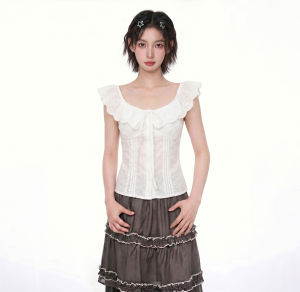 KBVVR | Lace Retro Sleeve Frilled Peplum Hem Cropped Blouse