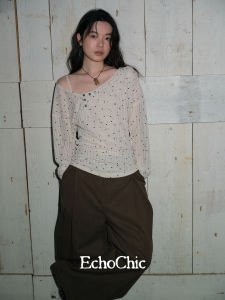 Áo Blouse Dễ Thương Tay Dài Kiểu T-shirt Trễ Vai Họa Tiết Chấm Bi