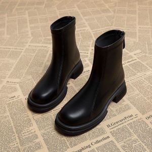 Women Ankle Boots Chunky Mid Heel Round Toe Back Zipper Short Booties Casual Platform PU Leather Fashion Comfort Solid Shoes Hot
