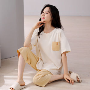 miiow | Pure Cotton Womens Sleepwear Short Sleeve Round Neck Home Clothes Set With Chest Pad Seven Pants Pink Two-Piece Summer Suit