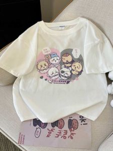 Chiikawaผ้าฝ้ายเสื้อยืดสําหรับชายและหญิงฤดูร้อน 2024 หลวมFitการ์ตูนพิมพ์Crewneckแขนสั้นดูดซับเหงื่อเสื้อ