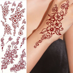 Maroon Henna Tattoo Stickers for Hand and Body Flower Temporary Tattoos for Women FakeTattoo for Wedding Festival