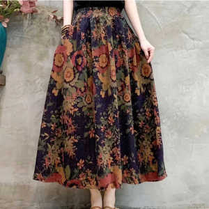 Fashionable Floral Print Midi Skirt for Women Autumn 2024 Casual Slimming Belly Covering Half-length A-line Skirt Chinese Style