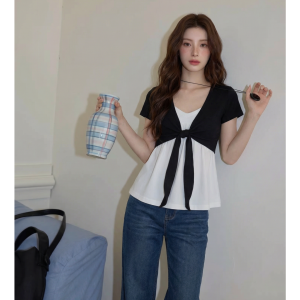 YUEZHONGWEI | Dopamine Spring Outfit V-Neck Short Sleeve Cardigan Layered Top Two Piece Set