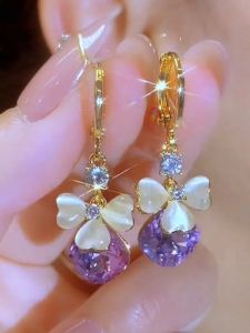 New Arrival Petal Purple Droplet Ear Clip Earrings for Women Exquisite Stylish Internet Celebrity All-Match Ear Jewelry Fashion Anti-Allergy