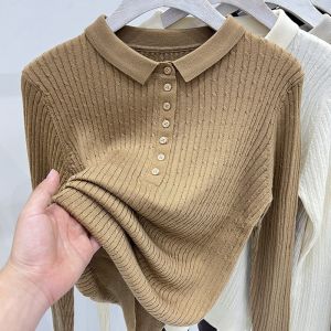 Plus Size Womens Clothing [40.00 Kg-100.00 kg] Polo Lapel Long Sleeves Cable-Knit Sweater Womens Fall and Winter Western Style Bottoming Knitwear