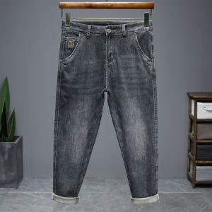 Mens Elastic Denim Jeans mid Waist Slim Fit Casual Harlan Pants Spring Autumn Nine Points Loose Straight Leg Jeans