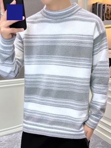 ROMON | Loose Mens Knitted Sweater Half High Collar Casual Bottoming Shirt Striped Loose Fit Leisure Knitwear Urban Fashion Winter Top