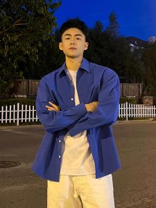 Klein Blue Long Sleeve Mens Shirt Ice Silk Outerwear Autumn Fashionable Handsome High-End Feeling CleanFit Breathable Summer