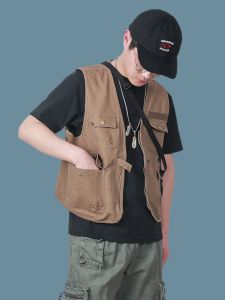 Spring Summer Mens Lightweight Sleeveless Workwear Vest Outdoor Tactical Body Armor Multi-Pocket Casual Fashion V-Neck Single Button