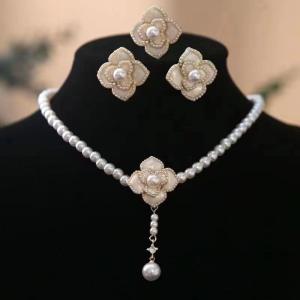 Pearl Set Jewelry For Women Camellia Pearl Necklace Earrings Ring 3-piece Set Wedding Party Banquet Jewelry Set For Graduation Jewelry Set For Women On Sale