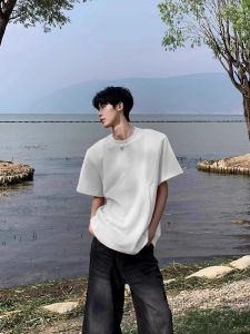 OUMULONG | White Pad Shoulder Short Sleeve Mens T-shirt