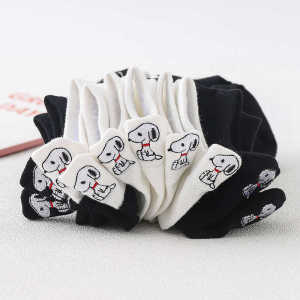 Womens Boat Socks Spring Summer Thin Short Low Cut Slip-On Sweat Absorbent Black White Stripes Cotton Socks Cartoon Embroidery