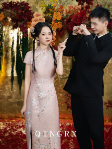 Elegant Pink Young Style Cheongsam Wedding Dress Chinese Wedding Ceremony Low Slit No Sleeve Floral Pattern Polyester Fiber