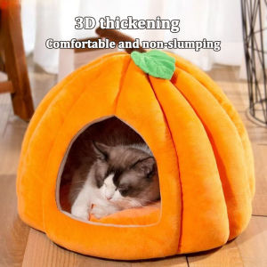 Halloween Pumpkin Cat Bed – Plush Warm Cat Cave Adorable Enclosed Pet House for Cats