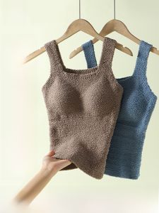 MiiOW | เสื้อกั๊กขนแกะหนาสำหรับผู้หญิงในฤดูใบไม้ร่วงและฤดูหนาว เสื้อชั้นในแบบมีแผ่นเสริมหน้าอก แขนกุด ทรงพอดีตัว ทรงพอดีตัว