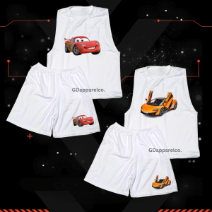 GDapparelCo Kids Boys Sando Terno Set White Muscle Tee with Cars Print & Shorts Cotton Spandex Outfit 9months-8y/o Tank
