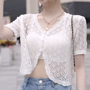 เสื้อคาร์ดิแกนแขนสั้นผ้าไหมน้ำแข็งแบบโปร่งสำหรับผู้หญิงในช่วงฤดูร้อนปี 2023 ทรงเข้ารูป คอวี กระดุมเดียว สไตล์ทำงาน