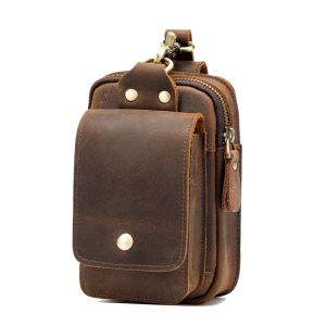 กระเป๋าคาดเอวหนังวัวชั้นแรกสไตล์ย้อนยุคสำหรับผู้ชาย กระเป๋าใส่โทรศัพท์มือถือแบบสะพายข้างพร้อมสายรัดแบบยูนิเซ็กซ์
