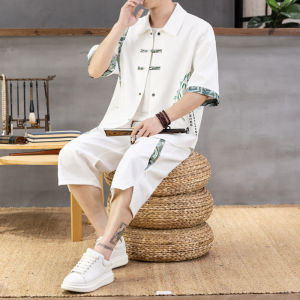 Bộ Áo Sơ Mi Tay Ngắn Phong Cách Trung Quốc Mới Mùa Hè Đơn Giản Thông Thái 2 Mảnh