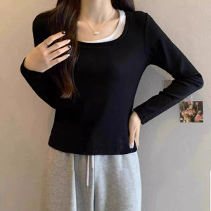 Áo Thun Nữ Tay Dài Cổ Vuông Ngắn Mùa Thu Mới Thiết Kế Màu Tương Phản Áo Lót Cơ Bản Áo Trên Cùng Ngắn