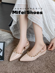MIFEI | Leather French Rivet Sandals Beige Pointed Toe Wedge