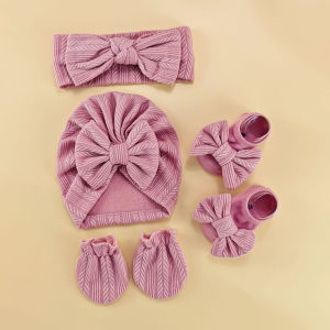 4pcs/set Newborn baby hat with headband gloves socks set Infant Felt Cute Bow Headwraps Baby Gloves Socks 0-6M Beanies