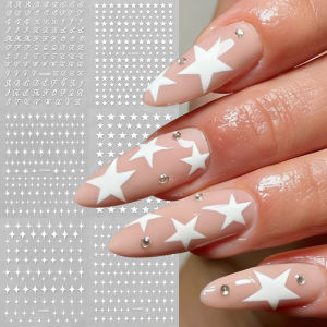 6Pcs 3D White Star English Letter Nail Stickers Y2K Four-Pointed Pentagram Self-Adhesive Nails Decal Starlight Manicure Sliders