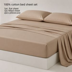 100% Cotton Bed Sheet Set Modern Solid Flat Sheet+Fitted Sheet+Pillowcase Breathable Pure Cotton Full Sheet Set For Home Hotel