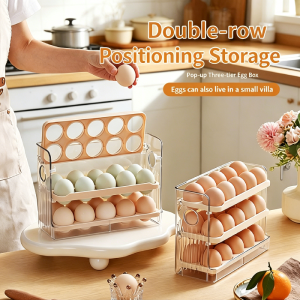 clu Auto Rolling Egg Storage Box Double Row Positioning Refrigerator Organizer Clear Plastic Egg Holder ulc