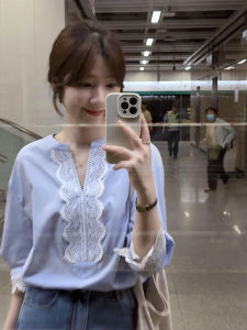YUFUQING | French Blue Lace Trim Short Sleeve Womens Shirt Summer New Design Loose Slimming Top High Waist Commute Style Polyester Fiber