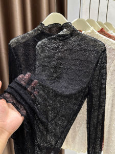 French Style Layered Hollow out Lace Shirt Womens Black Half High Collar Mesh Inner Ear Top Autumn Base Shirt Slim Fit Long Sleeve