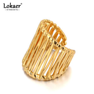 Lokaer Trendy Geometric Hollow Wide Open Rings Women Adjustable Stainless Steel Handmade Fashion Golden Jewelry Wholesale R24071