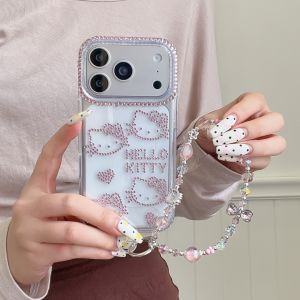 Sanrio | Cartoon Shining Diamond Sanrio Hello Kitty Chain Phone Case For iphone 17 16 15 14 Pro Max 13 Cute Shockproof Cover For Girl