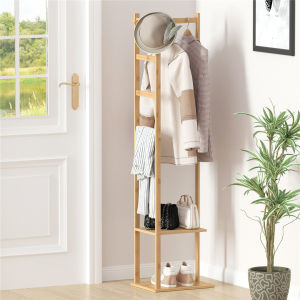 WISFOR Bamboo Garment Coat Clothes Stand Rack Hat Shoe Thicken Wooden Hanger Shelf Tidy for Bedroom Entryway