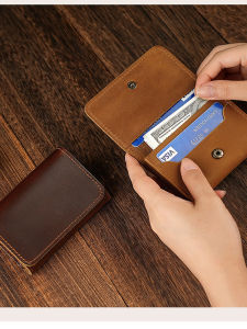 Genuine Mad Horse Leather Business Card Holder Mens Top Layer Cowhide ID Document Case Oil Leather Vertical Folding Wallet